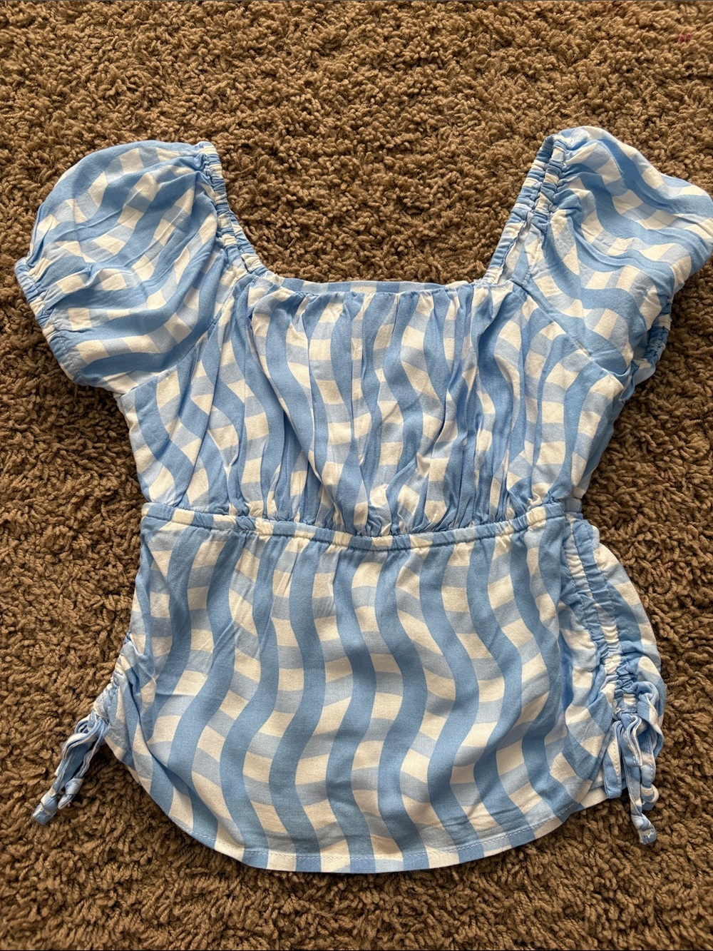 Girls Blue & White Wavy Stripe Puff Sleeve Top
